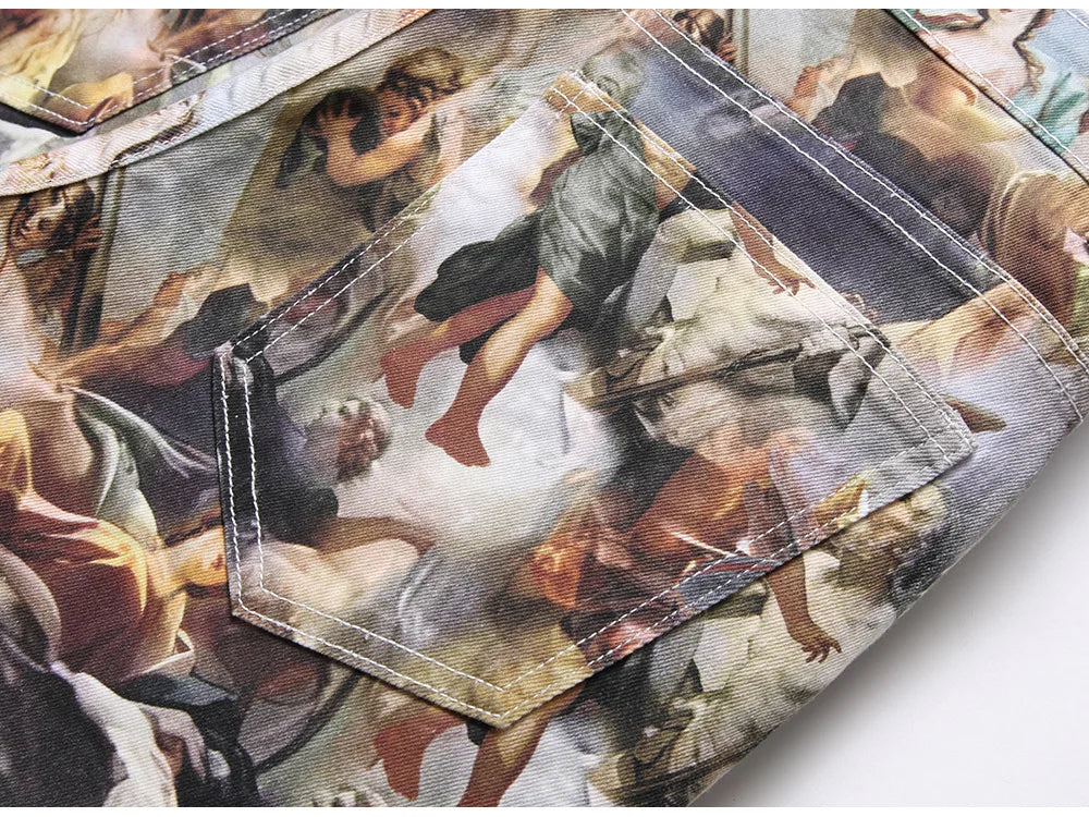 Men Classical Painting Print Jeans Fashion Angel Immortal Stretch Pants Slim Tapered Denim Trousers