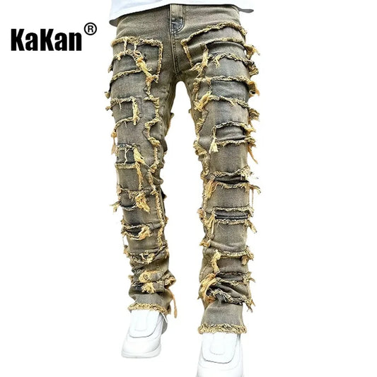 Kakan - New Men's Elastic Patch Jeans, Y2k Clothes Street Fashion Straight Leg Pants Long Jeans Jeans Man Brand