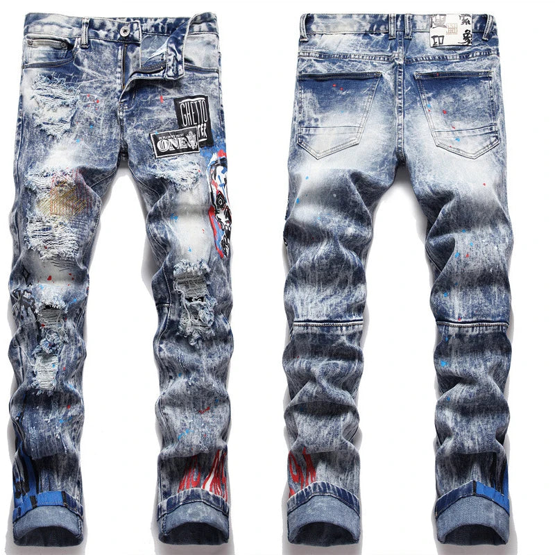 Men's jeans 3286 style Punk fried snow ripped applique fabric embroidery micro elastic small straight fit men's jeans