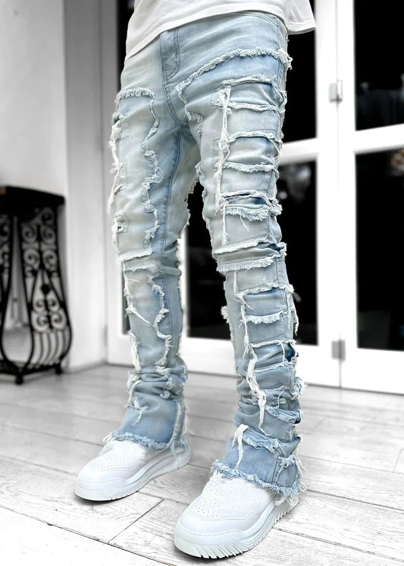 Kakan - New European and American Heavyweight Streetwise Stretch Patch Jeans for Men, High Street Straight Fit Long Jeans16-3001
