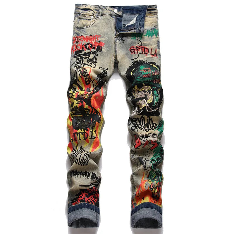 2024 new Men's jeans 3373 Vintage blue jeans ripped trend stretch slim skull pants all men's pants