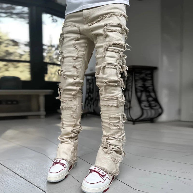 Kakan - New European and American Heavyweight Streetwise Stretch Patch Jeans for Men, High Street Straight Fit Long Jeans16-3001