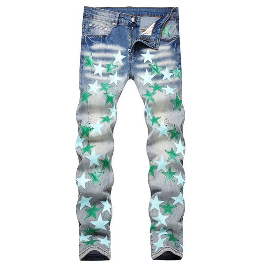 Men Leather Stars Patch Denim Jeans Streetwear Slim Tapered Pants Holes Ripped Distressed Stretch Cotton Trousers