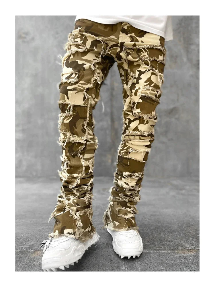 Stretchy Vintage Blue Stacked Jeans For Men Premium Raw Frayed Denim Destroyed Washed Patchworks Pants New