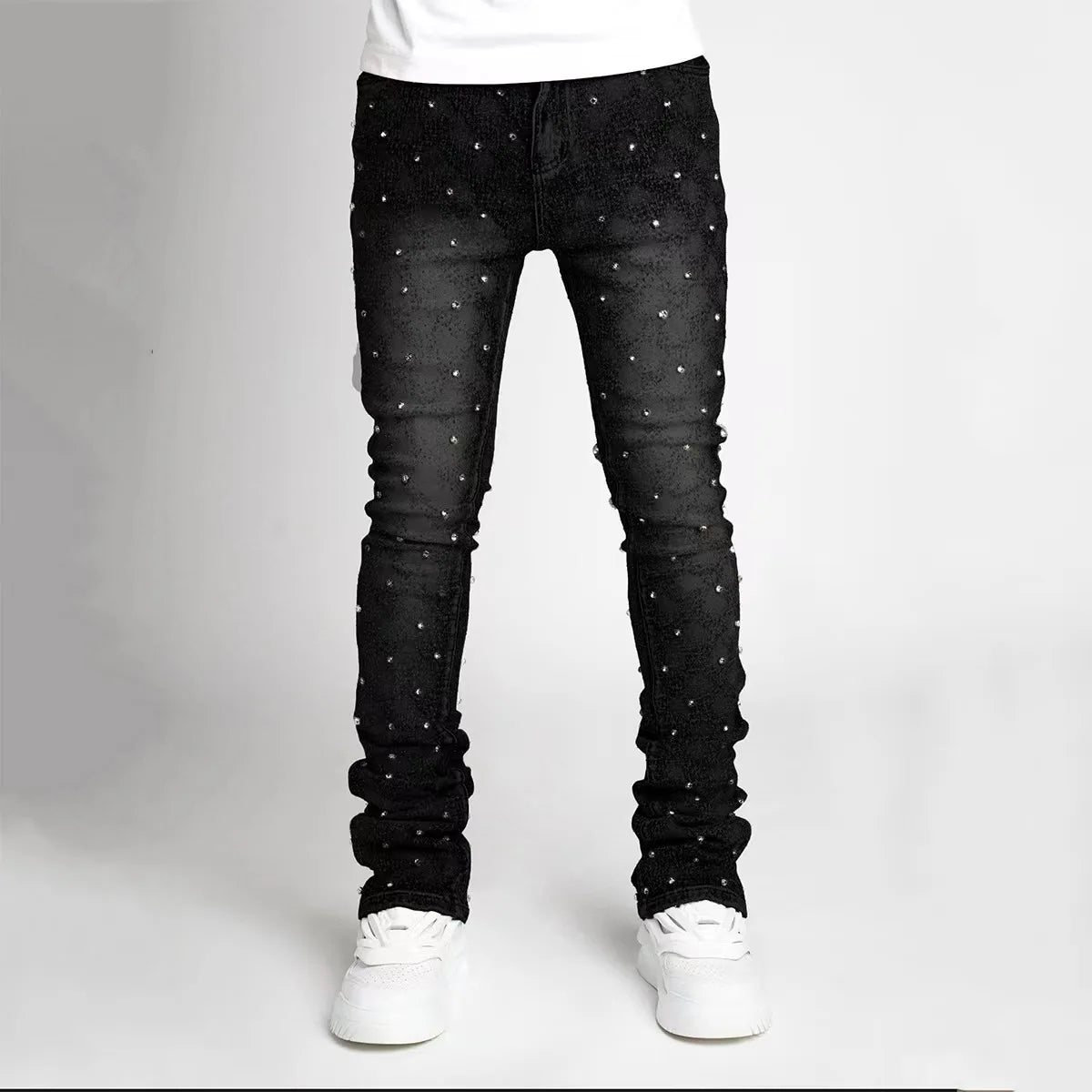 Blue Stretchy Pearls Skinny Jeans For Men 2024 New Fashion Fashion Rhinestone European Street Personality Stacked Denim Pants