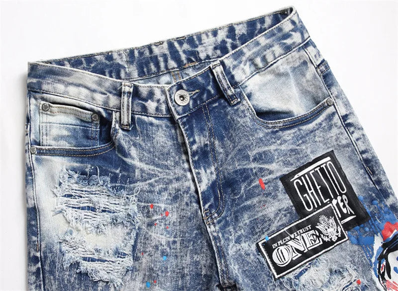 Men's jeans 3286 style Punk fried snow ripped applique fabric embroidery micro elastic small straight fit men's jeans