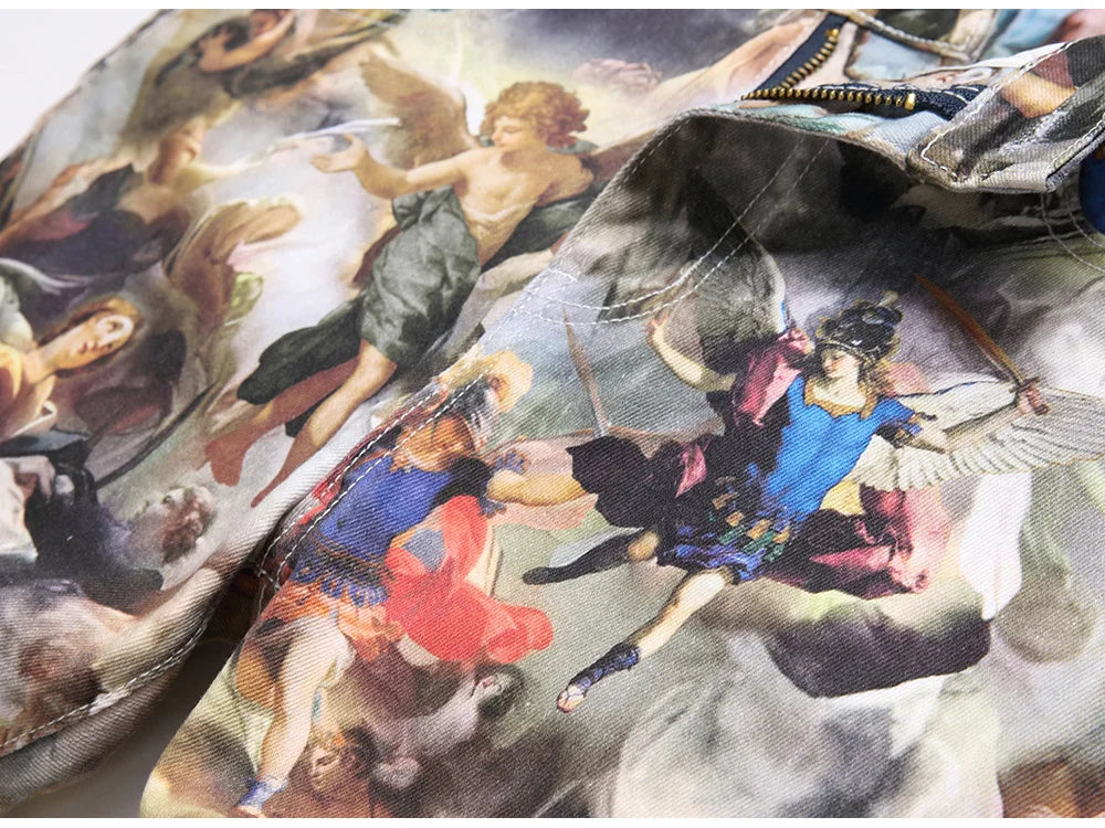 Men Classical Painting Print Jeans Fashion Angel Immortal Stretch Pants Streetwear Plus Size Printed Slim Tapered Denim Trousers