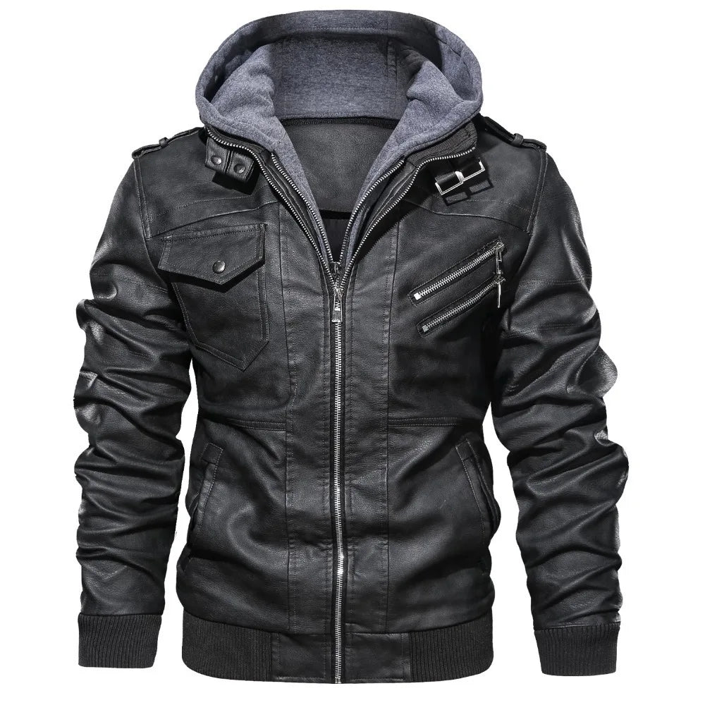 Male PU Hooded Collar Zipper Autumn Casual Slim Windbreaker Chaquetas Motorcycle Leather Jacket Men Winter Fleece Tactics Coat