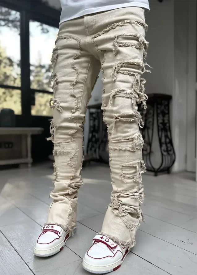 Stretchy Vintage Blue Stacked Jeans For Men Premium Raw Frayed Denim Destroyed Washed Patchworks Pants New