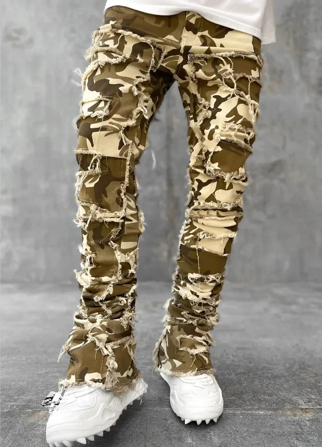 Stretchy Vintage Blue Stacked Jeans For Men Premium Raw Frayed Denim Destroyed Washed Patchworks Pants New
