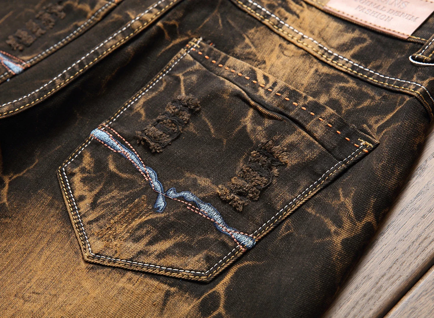 New Patchwork Ripped Casual Jeans Men's Street Wear Retro Distressed Motorcycle Slim Fit Straight Fashion Denim Trousers Male