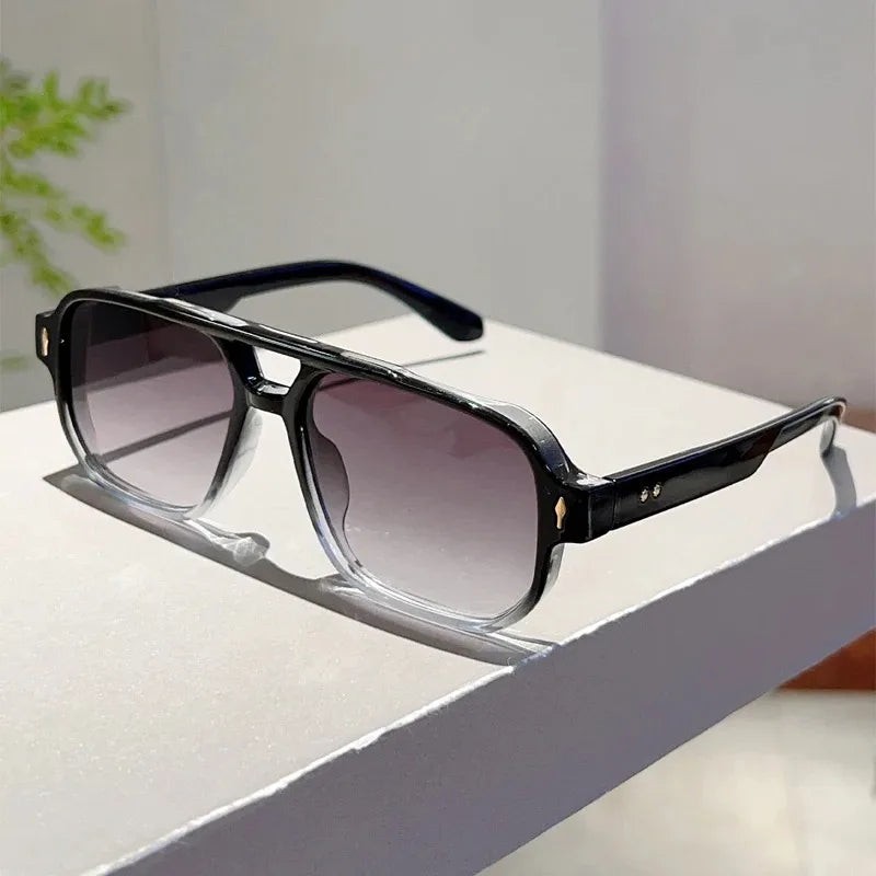 Vintage Double Bridges Men Square Sunglasses Fashion Green Ocean Lens UV400 Eyewear Women Trending Rivets Sun Glasses
