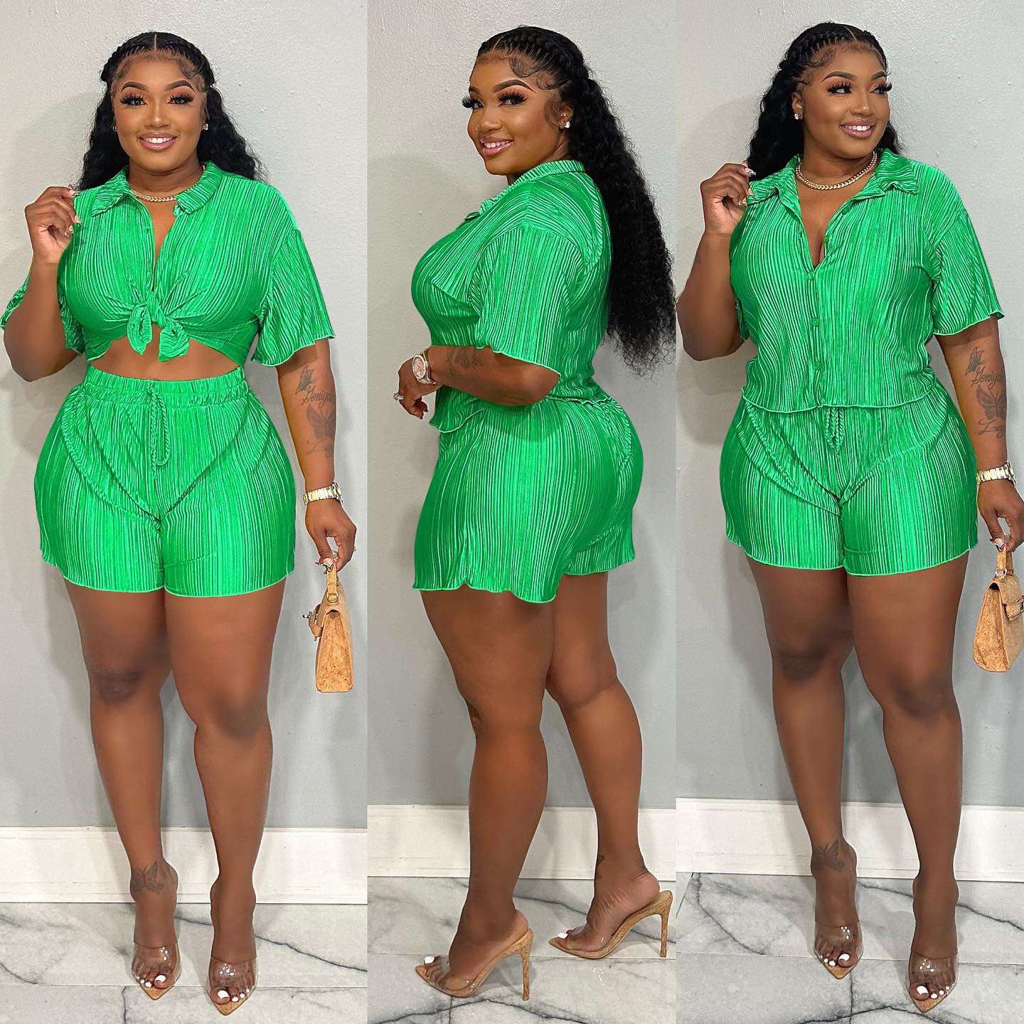 CM.YAYA Street Vintage Pleated Women's Set Short Sleeve Shirt Blouse and Shorts Suit 2023 INS Two 2 Piece Set Outfit Tracksuit