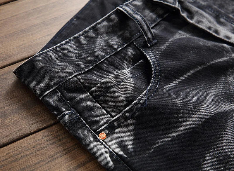 2025 Men's Fashion Vintage Jeans Slim Straight Leg Tie Dye Pleated Biker Denim Pants Male Casual Pants Oversized 42 High Quality