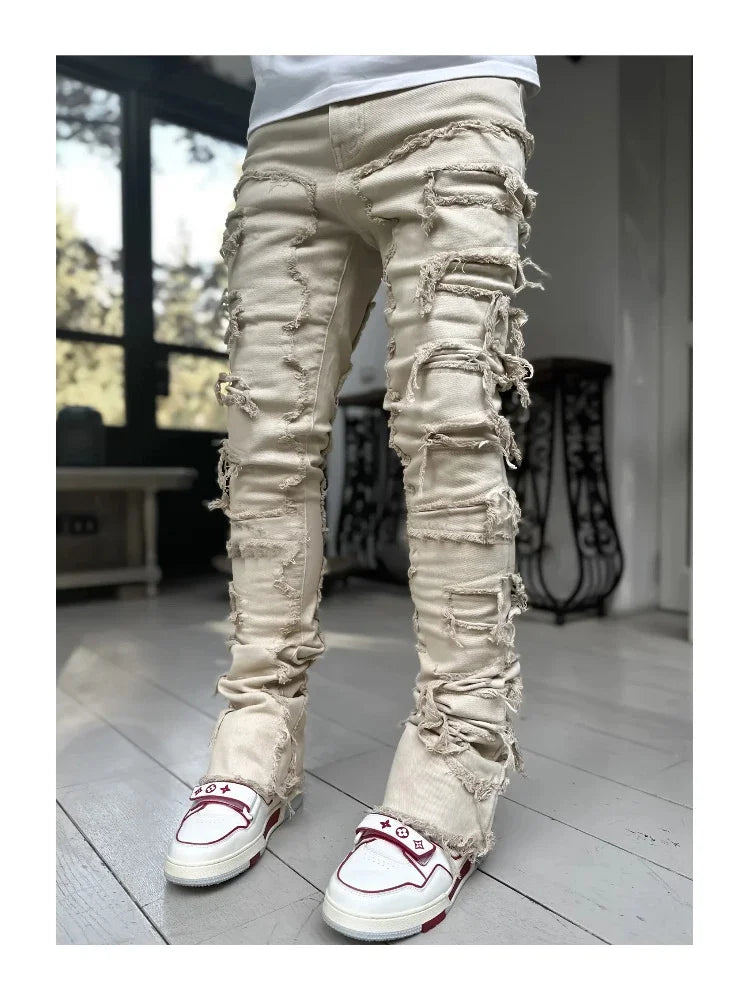 Stretchy Vintage Blue Stacked Jeans For Men Premium Raw Frayed Denim Destroyed Washed Patchworks Pants New