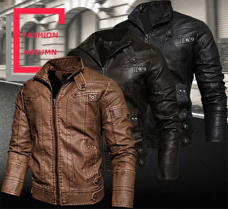 New Winter Mens Leather Jacket High Quality Standing Collar Warm Wool Lining Motorcycle Coat Male Slim Fit Retro Casual Jackets
