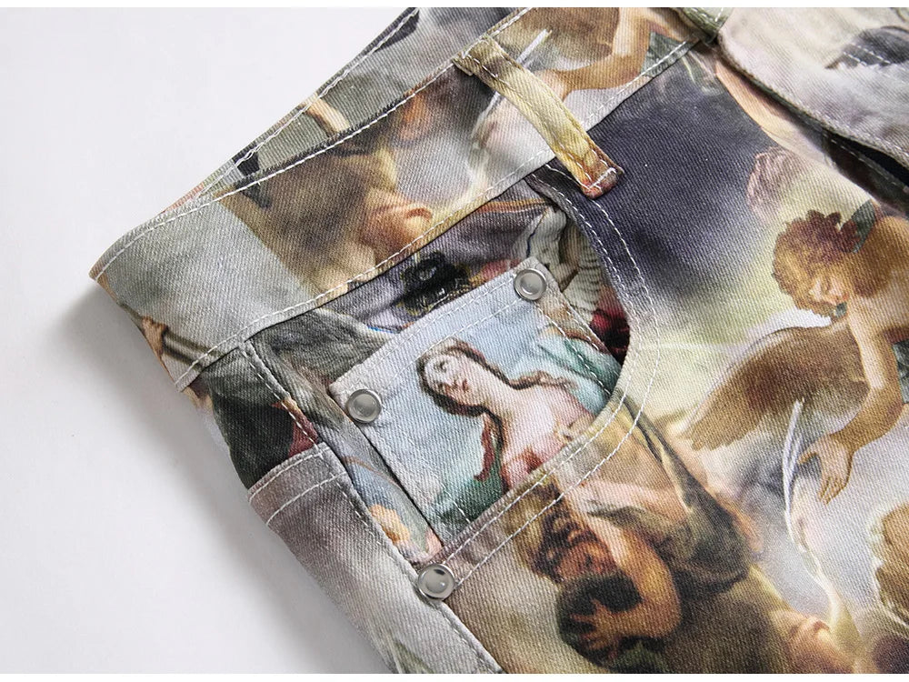 Men Classical Painting Print Jeans Fashion Angel Immortal Stretch Pants Slim Tapered Denim Trousers