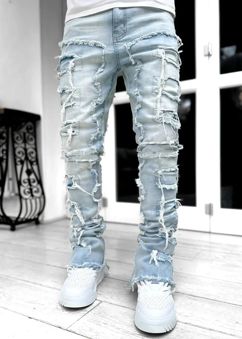 Stretchy Vintage Blue Stacked Jeans For Men Premium Raw Frayed Denim Destroyed Washed Patchworks Pants New
