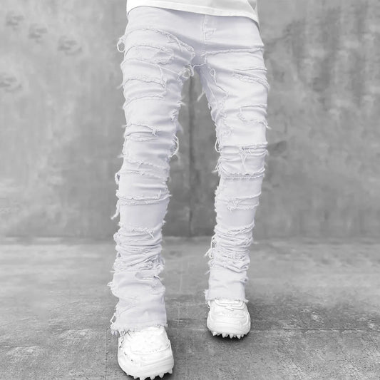 Creative Tassels Decoration Straight Fit Jeans Men Casual Medium Stretch Street Style Classic Man Straight Denim Wide-Leg Pants