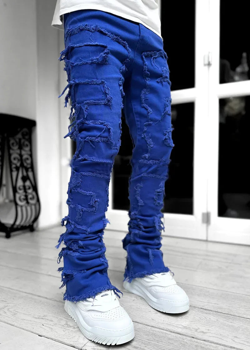 Stretchy Vintage Blue Stacked Jeans For Men Premium Raw Frayed Denim Destroyed Washed Patchworks Pants New