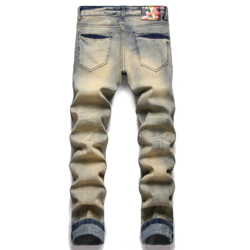 2024 new Men's jeans 3373 Vintage blue jeans ripped trend stretch slim skull pants all men's pants