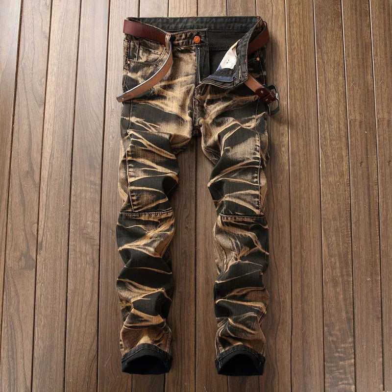 2025 Men's Fashion Vintage Jeans Slim Straight Leg Tie Dye Pleated Biker Denim Pants Male Casual Pants Oversized 42 High Quality