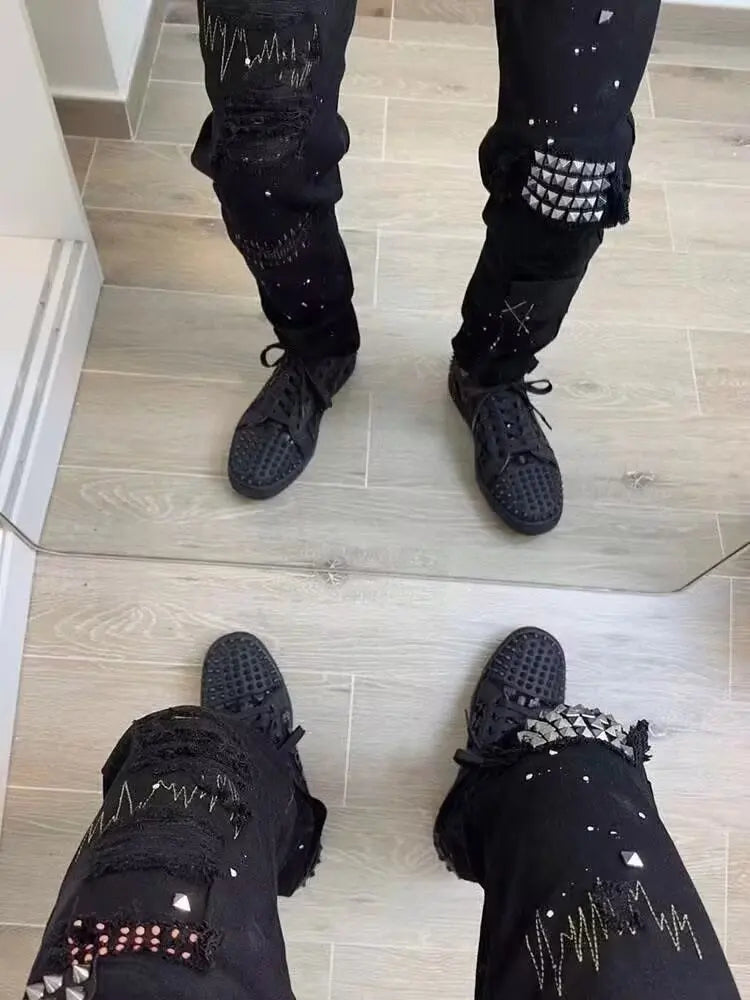 Ele Bla Embroidered Men's Jeans Spring Autumn Faion Brand High Elastici Sli Rivet Painted Slim Fit Casual Jeans