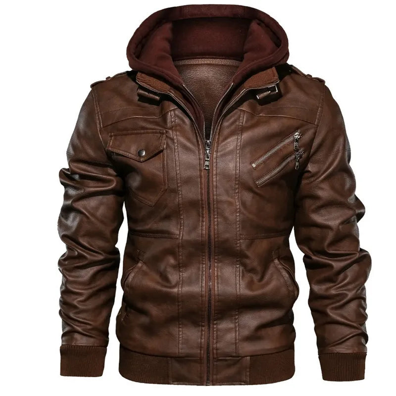 Male PU Hooded Collar Zipper Autumn Casual Slim Windbreaker Chaquetas Motorcycle Leather Jacket Men Winter Fleece Tactics Coat