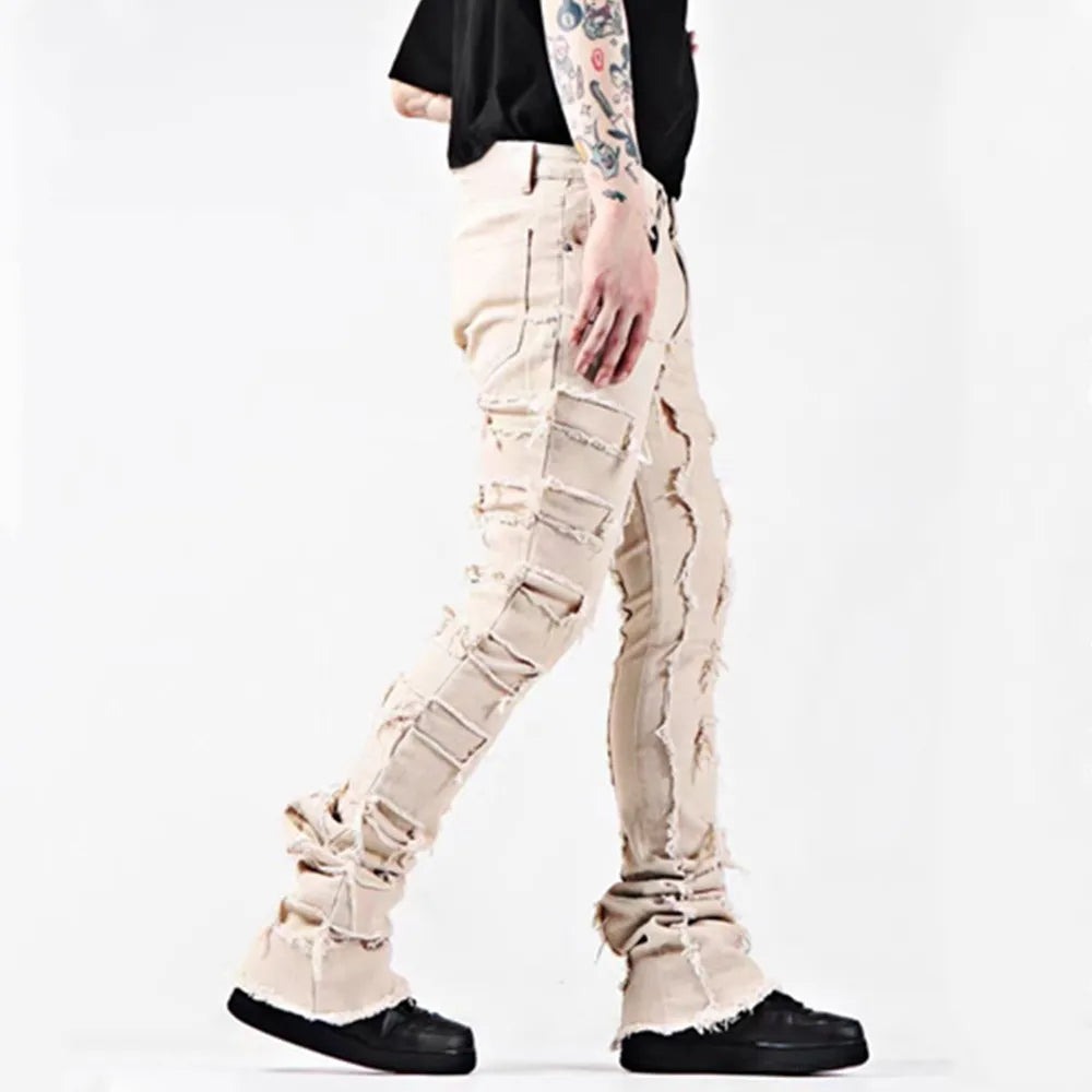 Kakan - New European and American Heavyweight Streetwise Stretch Patch Jeans for Men, High Street Straight Fit Long Jeans16-3001