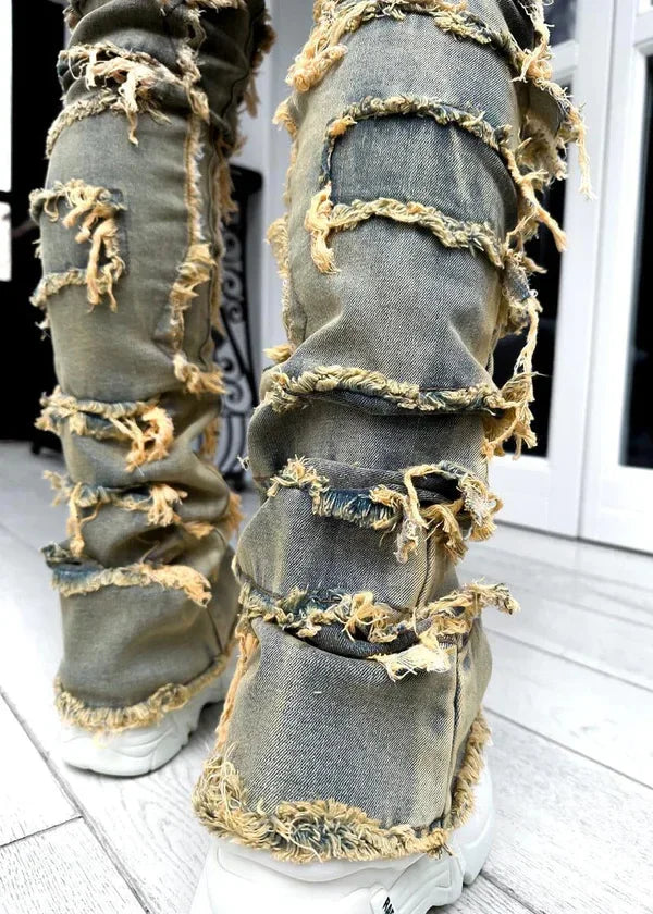Stretchy Vintage Blue Stacked Jeans For Men Premium Raw Frayed Denim Destroyed Washed Patchworks Pants New
