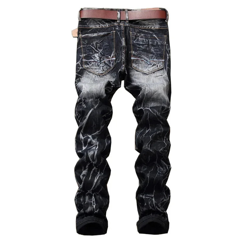 New Patchwork Ripped Casual Jeans Men's Street Wear Retro Distressed Motorcycle Slim Fit Straight Fashion Denim Trousers Male