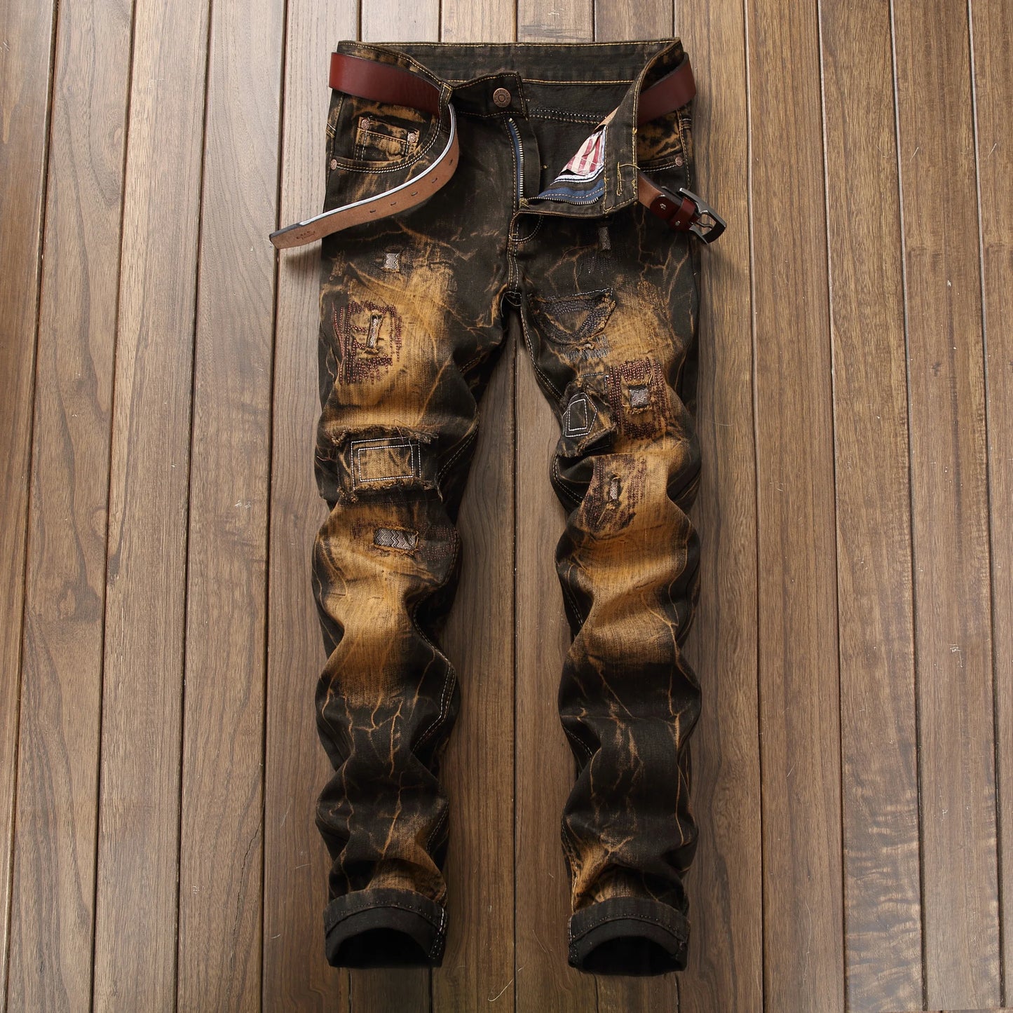 New Patchwork Ripped Casual Jeans Men's Street Wear Retro Distressed Motorcycle Slim Fit Straight Fashion Denim Trousers Male