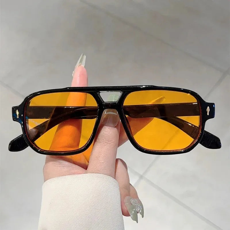 Vintage Double Bridges Men Square Sunglasses Fashion Green Ocean Lens UV400 Eyewear Women Trending Rivets Sun Glasses