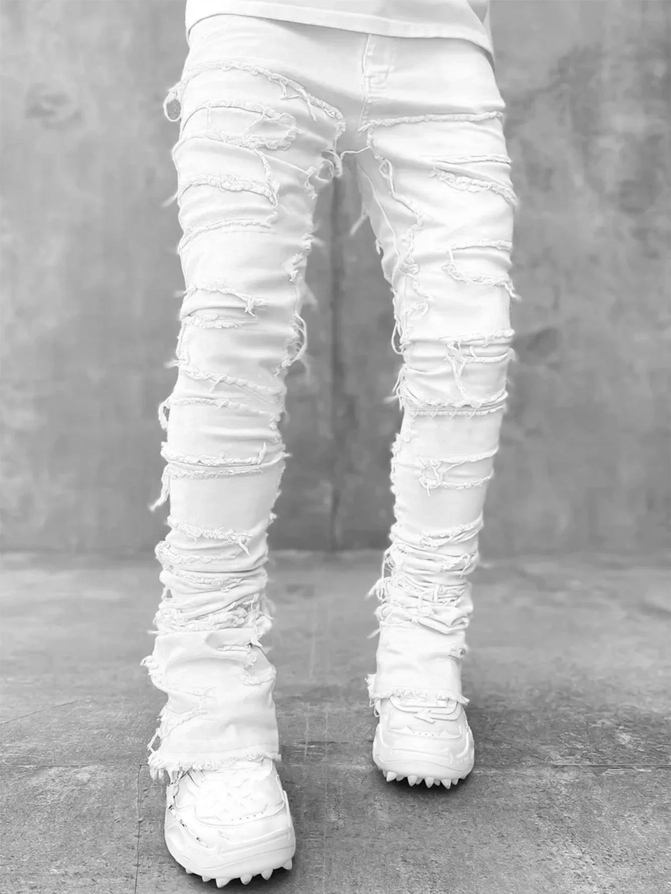Stretchy Vintage Blue Stacked Jeans For Men Premium Raw Frayed Denim Destroyed Washed Patchworks Pants New