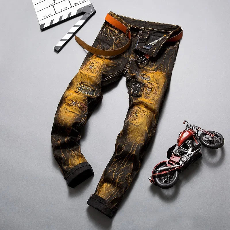 New Patchwork Ripped Casual Jeans Men's Street Wear Retro Distressed Motorcycle Slim Fit Straight Fashion Denim Trousers Male