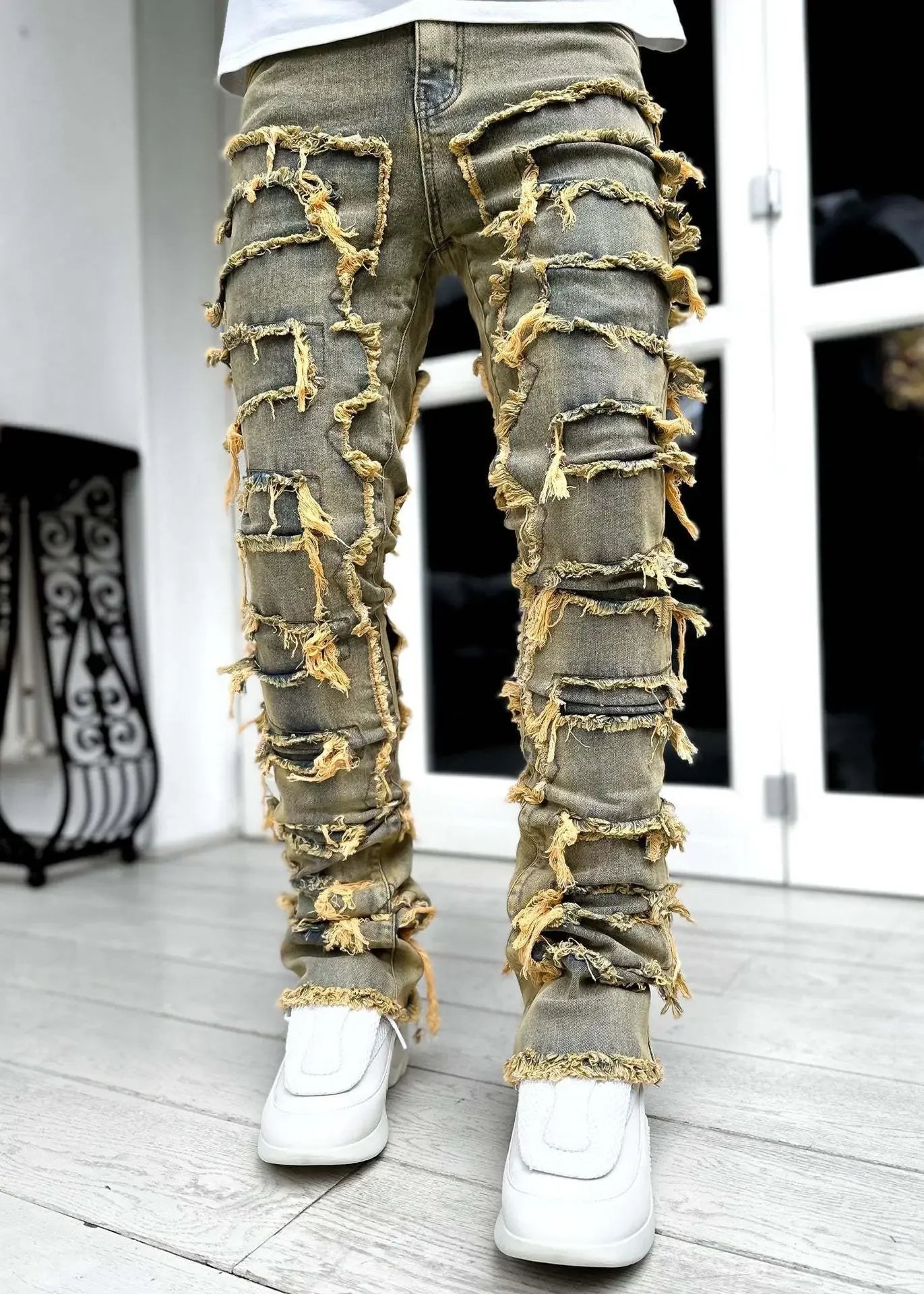 Stretchy Vintage Blue Stacked Jeans For Men Premium Raw Frayed Denim Destroyed Washed Patchworks Pants New