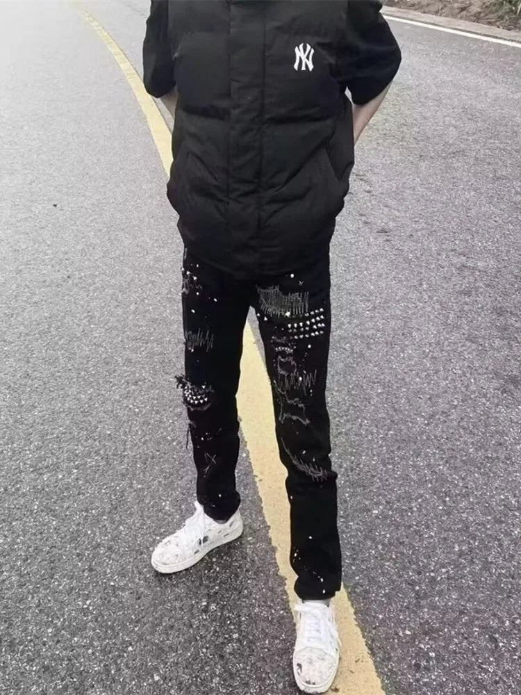 Ele Bla Embroidered Men's Jeans Spring Autumn Faion Brand High Elastici Sli Rivet Painted Slim Fit Casual Jeans