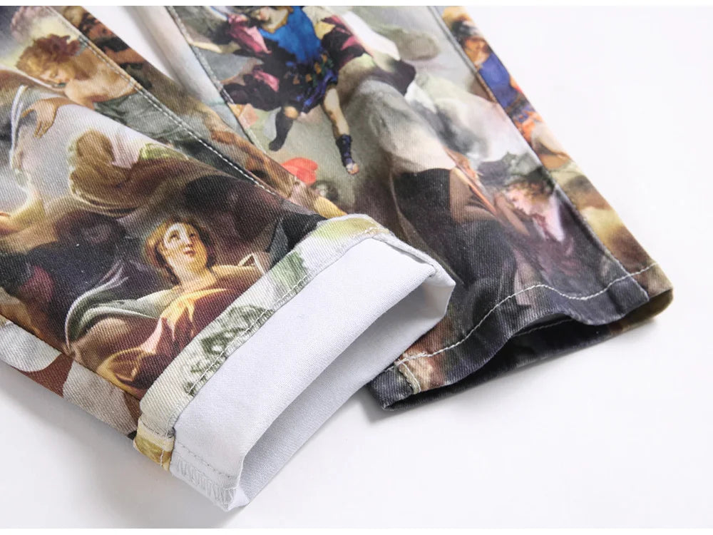 Men Classical Painting Print Jeans Fashion Angel Immortal Stretch Pants Slim Tapered Denim Trousers