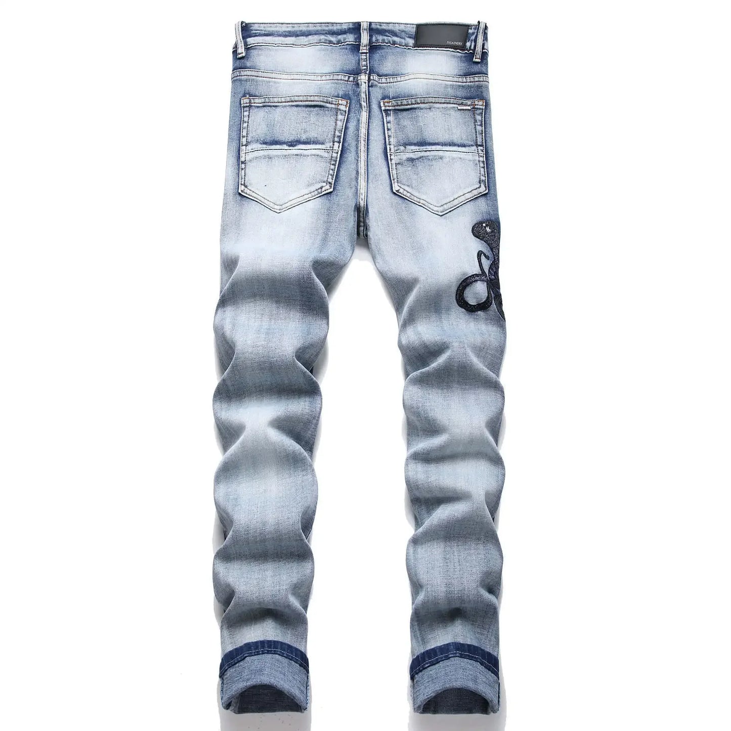 Blue Eyed Snake Embroidery Street Style Jeans For Teenagers Elastic Waist Cotton Material Casual Scene Suitable