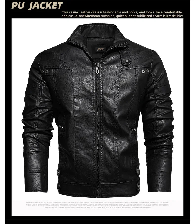 New Winter Mens Leather Jacket High Quality Standing Collar Warm Wool Lining Motorcycle Coat Male Slim Fit Retro Casual Jackets