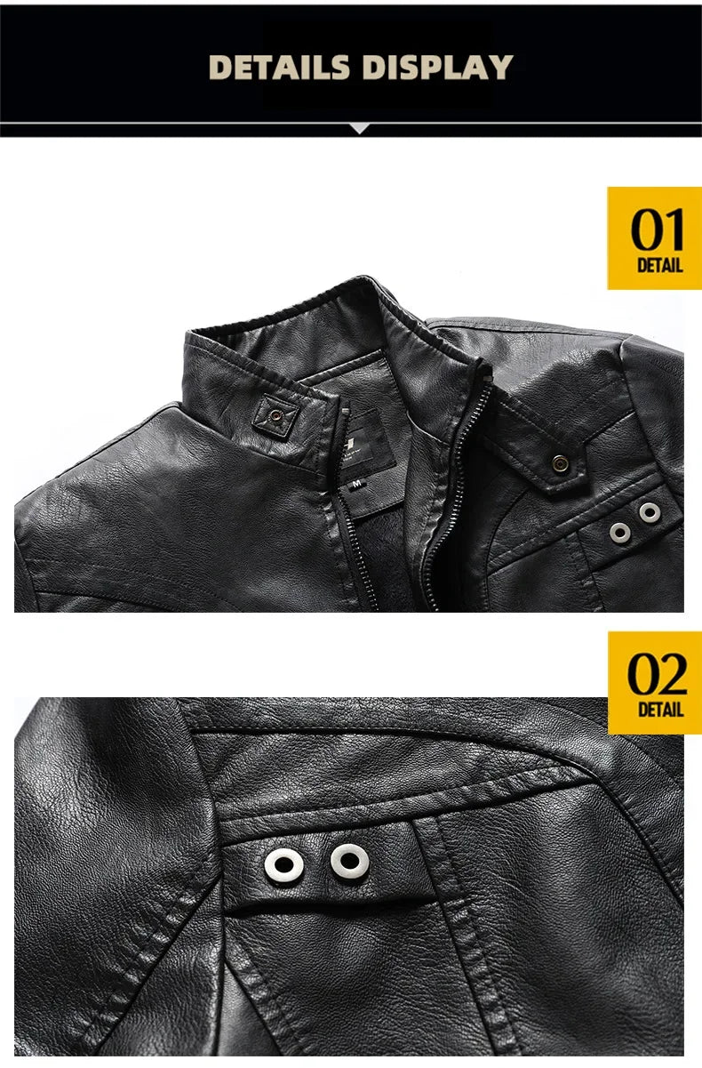 New Winter Mens Leather Jacket High Quality Standing Collar Warm Wool Lining Motorcycle Coat Male Slim Fit Retro Casual Jackets