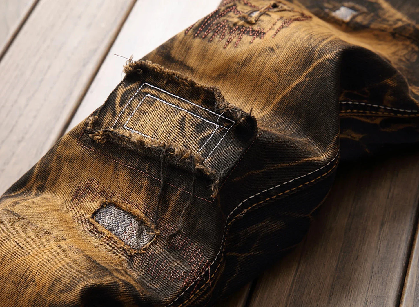 New Patchwork Ripped Casual Jeans Men's Street Wear Retro Distressed Motorcycle Slim Fit Straight Fashion Denim Trousers Male
