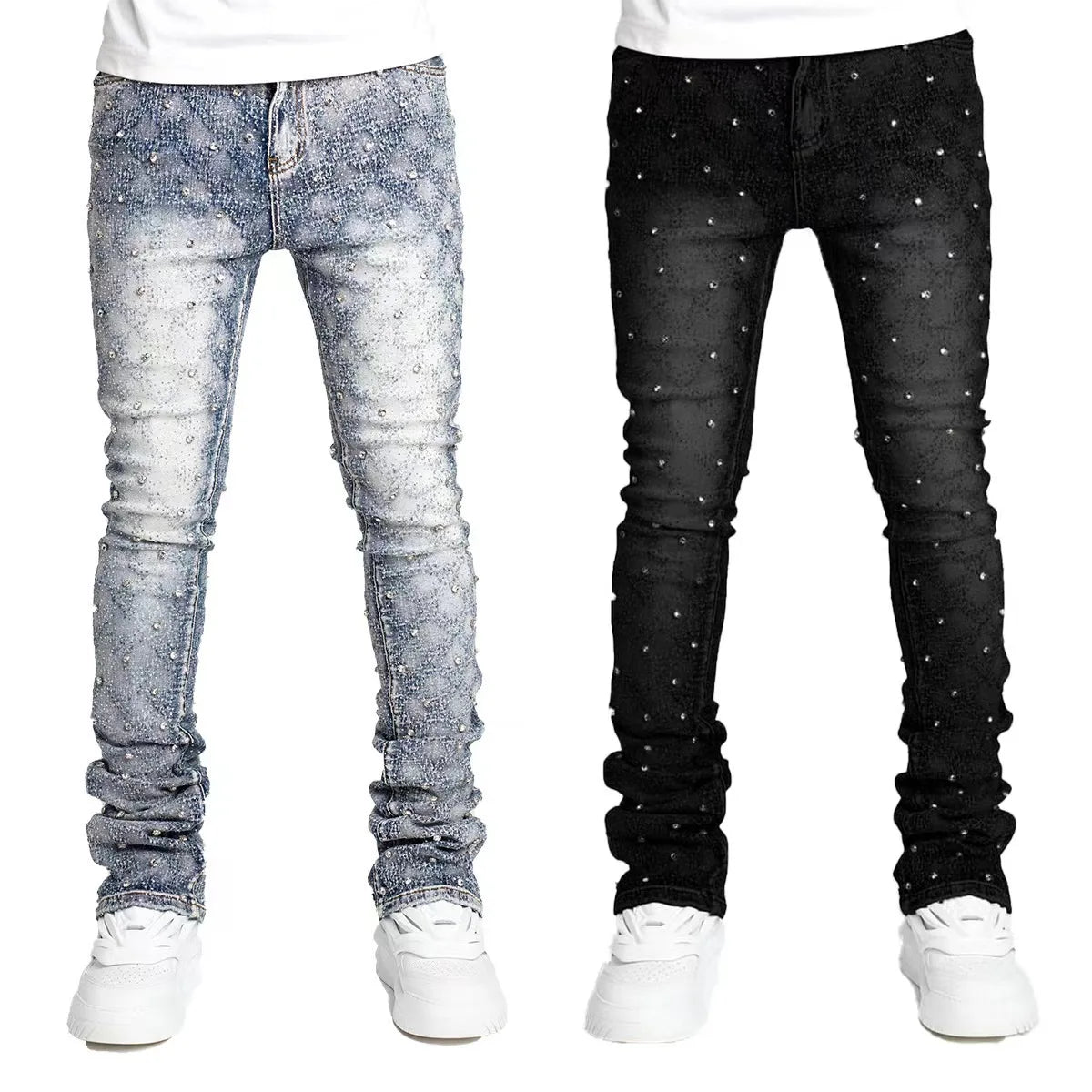 Blue Stretchy Pearls Skinny Jeans For Men 2024 New Fashion Fashion Rhinestone European Street Personality Stacked Denim Pants