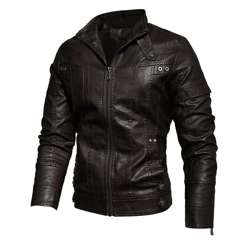 New Winter Mens Leather Jacket High Quality Standing Collar Warm Wool Lining Motorcycle Coat Male Slim Fit Retro Casual Jackets