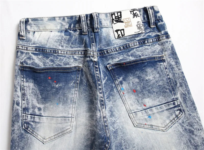 Men's jeans 3286 style Punk fried snow ripped applique fabric embroidery micro elastic small straight fit men's jeans
