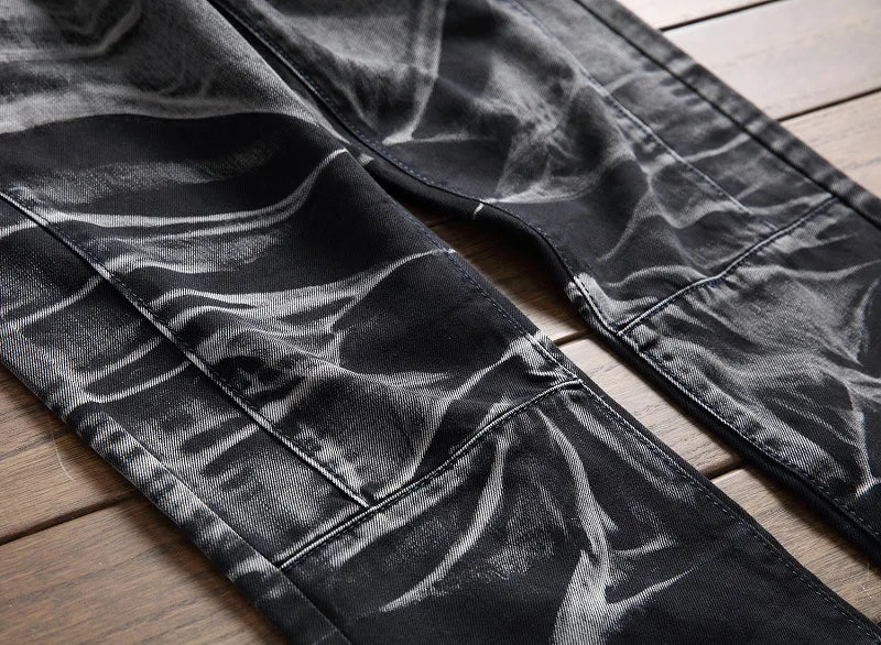 2025 Men's Fashion Vintage Jeans Slim Straight Leg Tie Dye Pleated Biker Denim Pants Male Casual Pants Oversized 42 High Quality