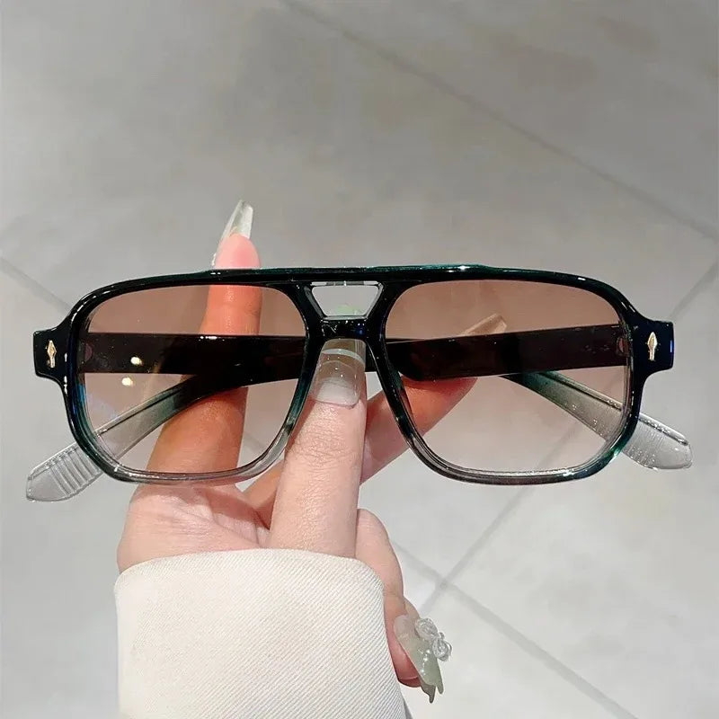Vintage Double Bridges Men Square Sunglasses Fashion Green Ocean Lens UV400 Eyewear Women Trending Rivets Sun Glasses
