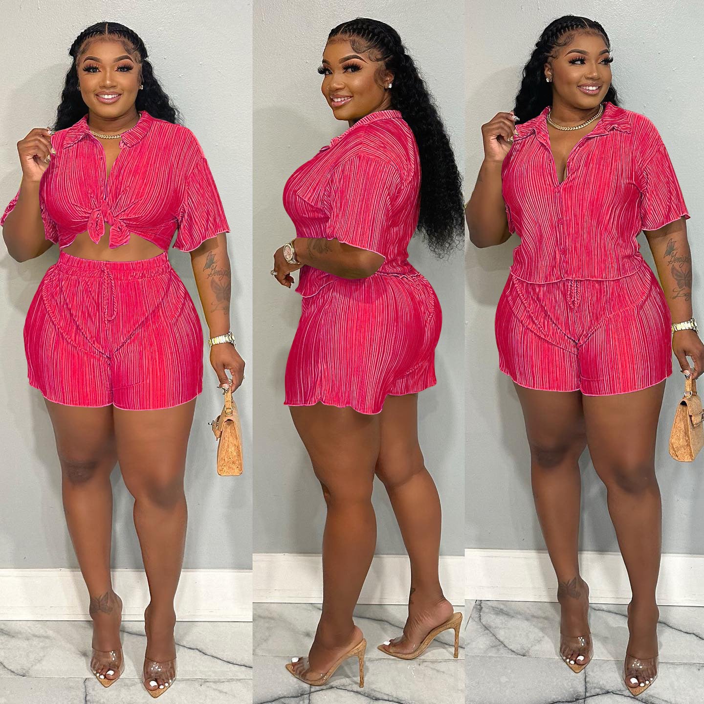 CM.YAYA Street Vintage Pleated Women's Set Short Sleeve Shirt Blouse and Shorts Suit 2023 INS Two 2 Piece Set Outfit Tracksuit
