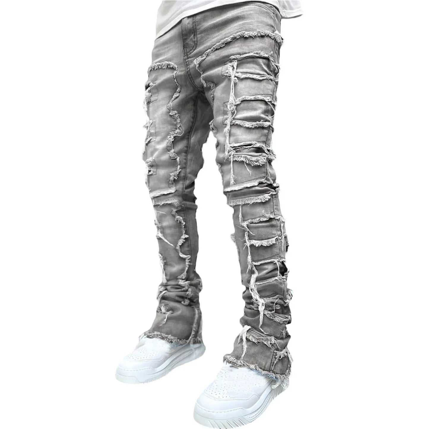 Stretchy Vintage Blue Stacked Jeans For Men Premium Raw Frayed Denim Destroyed Washed Patchworks Pants New