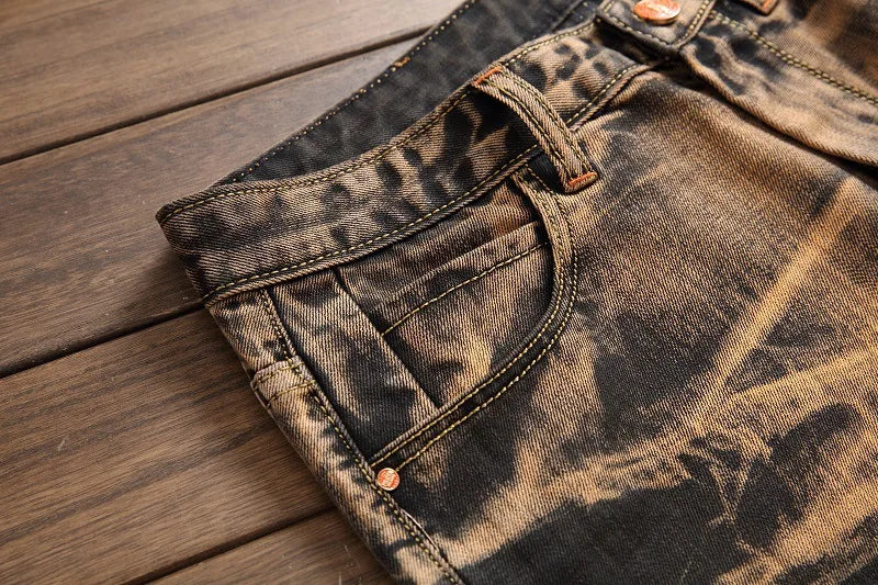 2025 Men's Fashion Vintage Jeans Slim Straight Leg Tie Dye Pleated Biker Denim Pants Male Casual Pants Oversized 42 High Quality